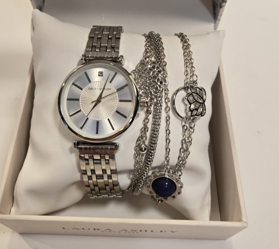 Laura Ashley Women’s’ Watch set Lotus bracelets Gift Set $495 MSRP color Silver