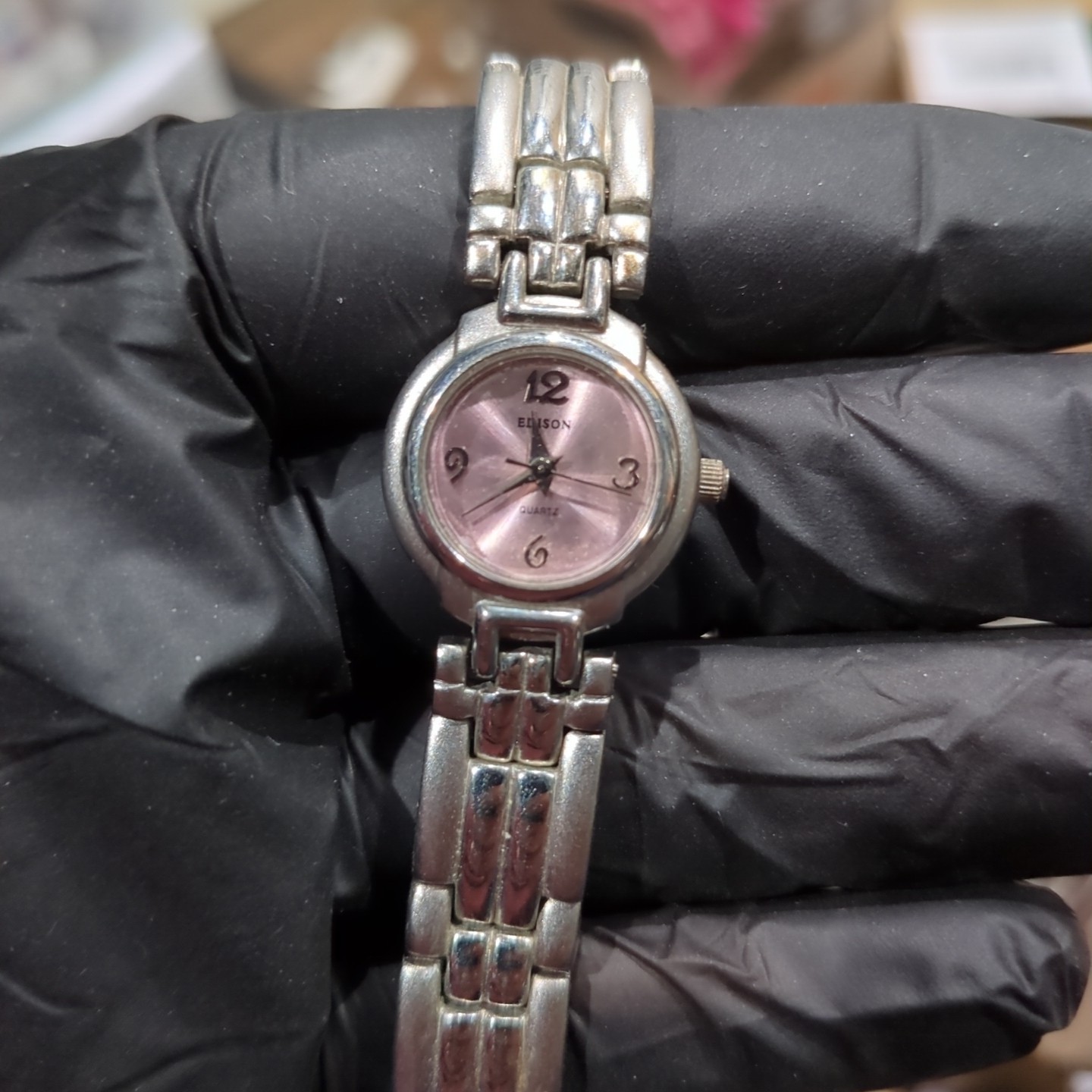 Vintage Ladies Edison 21mm Pink Dial Watch Silver Bracelet New Battery