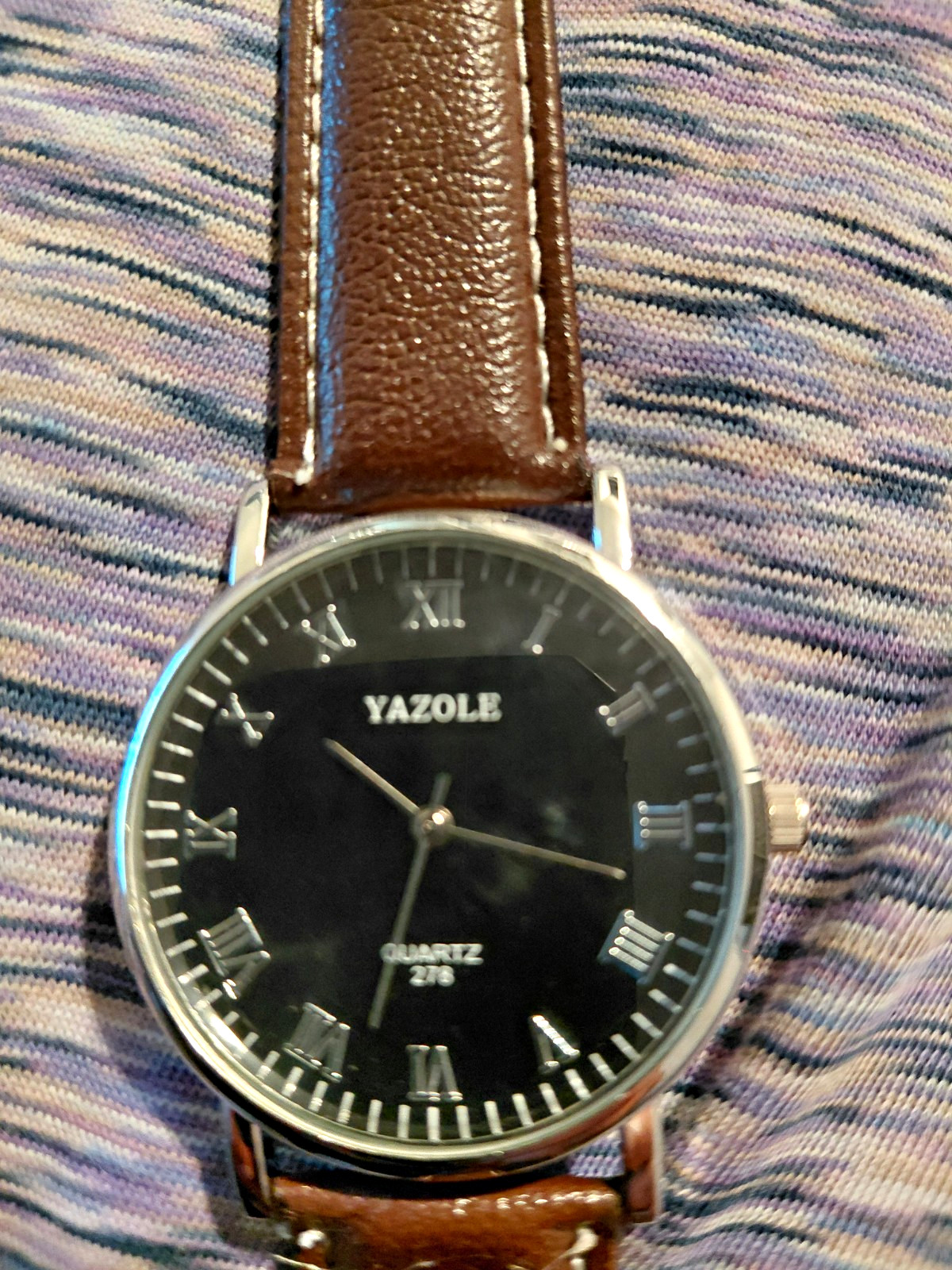 Yazole Quartz Analog 278 Black Dial Roman Numerals Brown Leather Strap