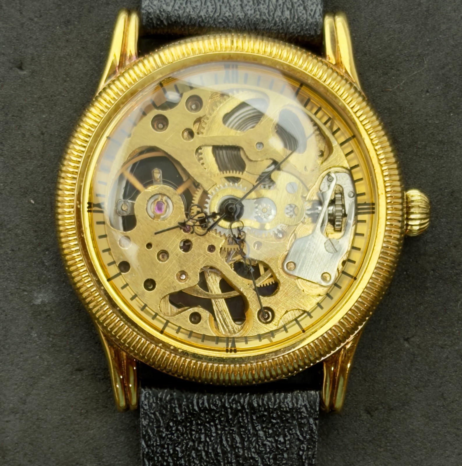Vtg HY&Co. Men’s 38mm Mechanical Wind-Up Watch 18K Coin Edge Bezel Skeleton Dial