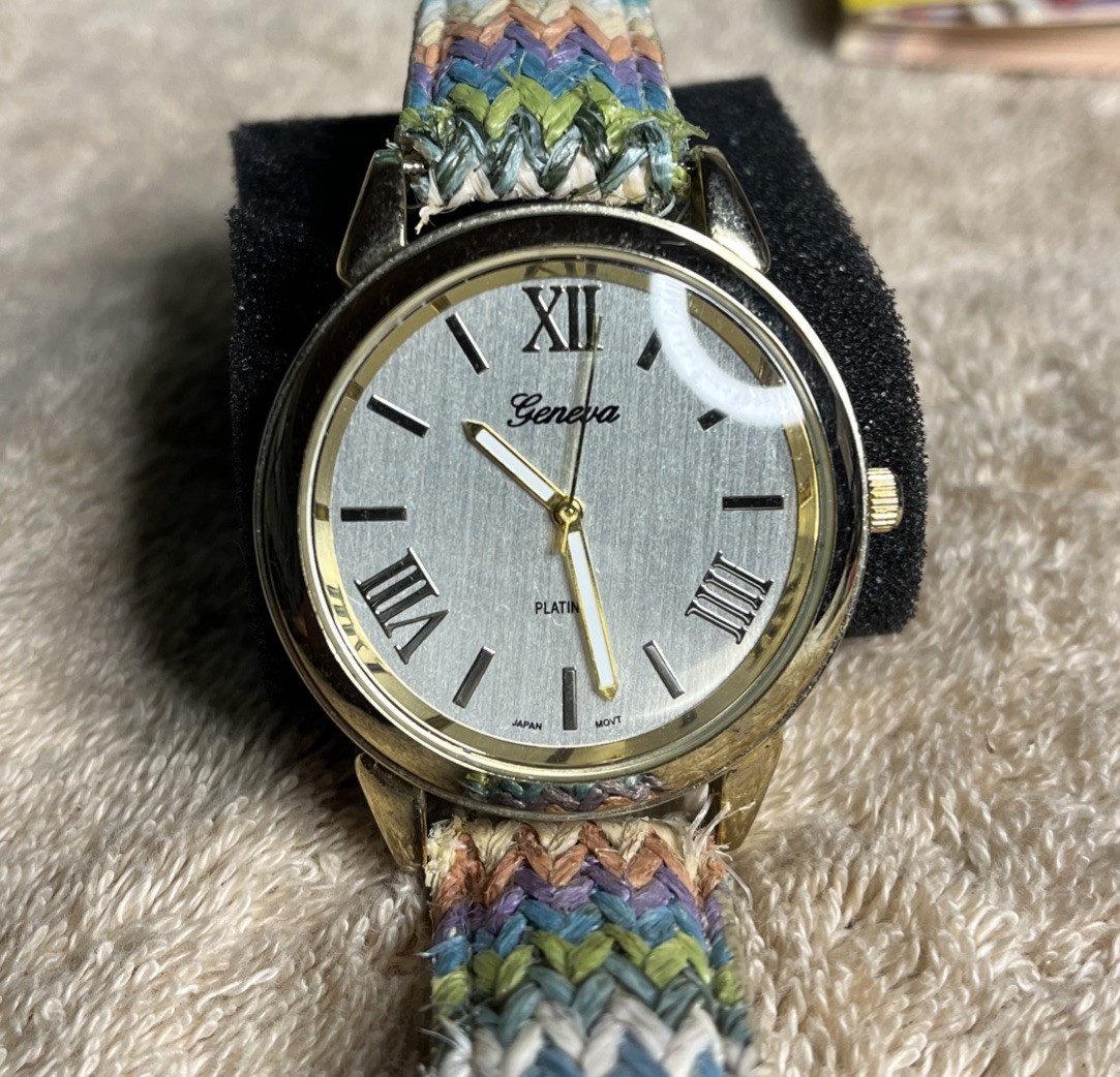 Geneva Gold Tone Watch Multi-color Adjustable Woven Yarn Band Roman Numerals