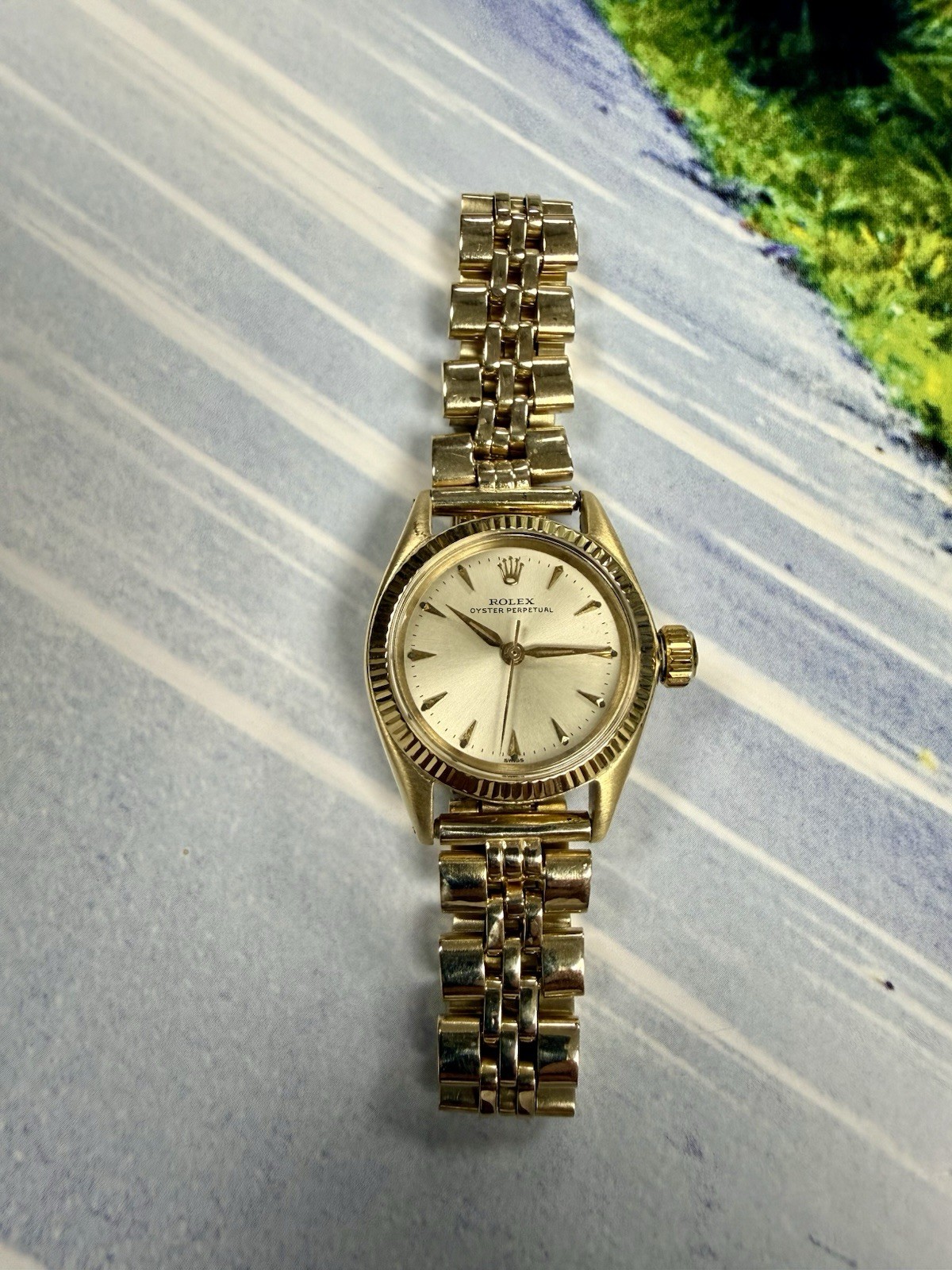 Rolex Oyster Perpetual 6619 Yellow Gold 24mm Rare Oval Link Flex USA Bracelet