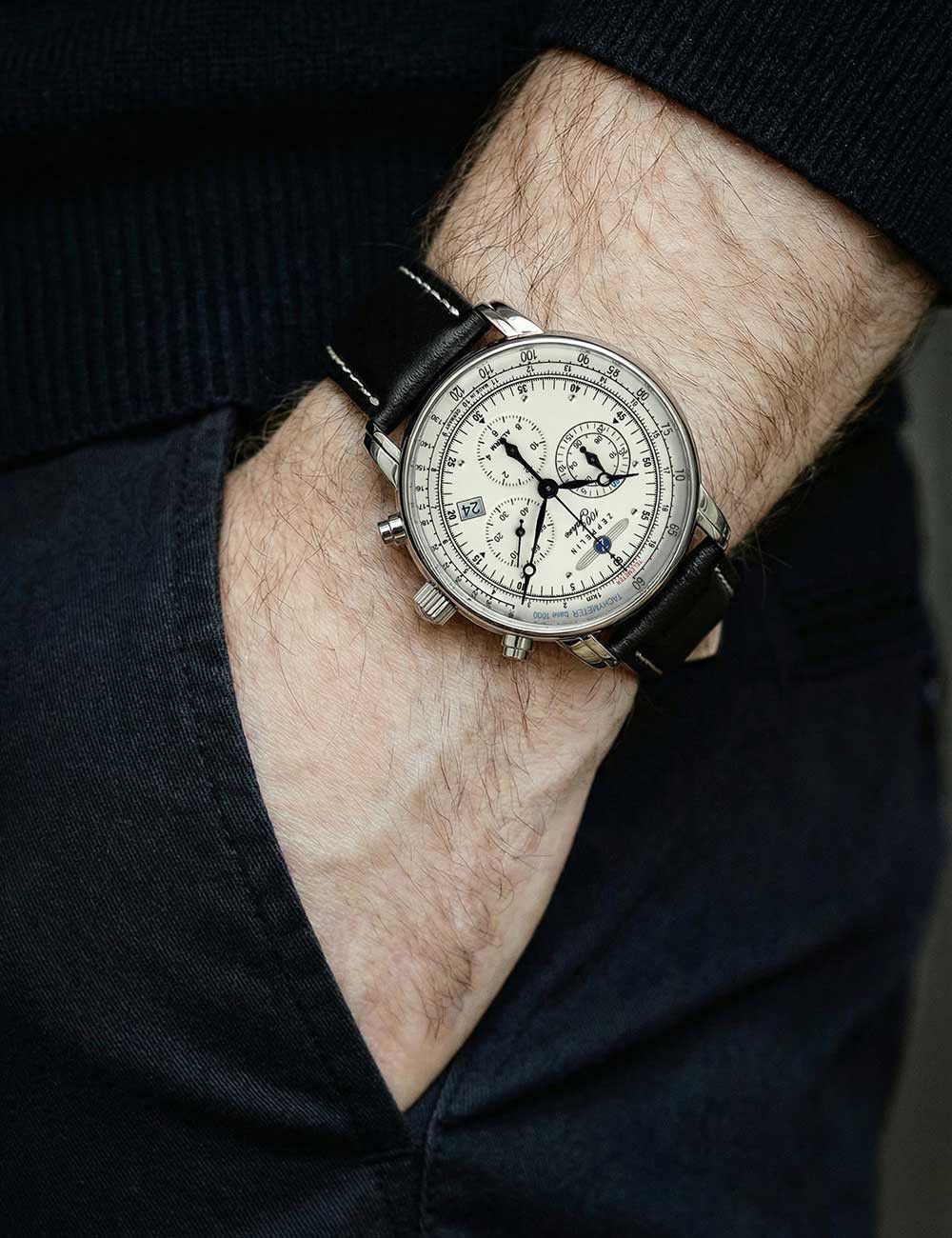 Zeppelin 8680-3 Alarm Chronograph 100 Years Mens Watch 43mm 5ATM
