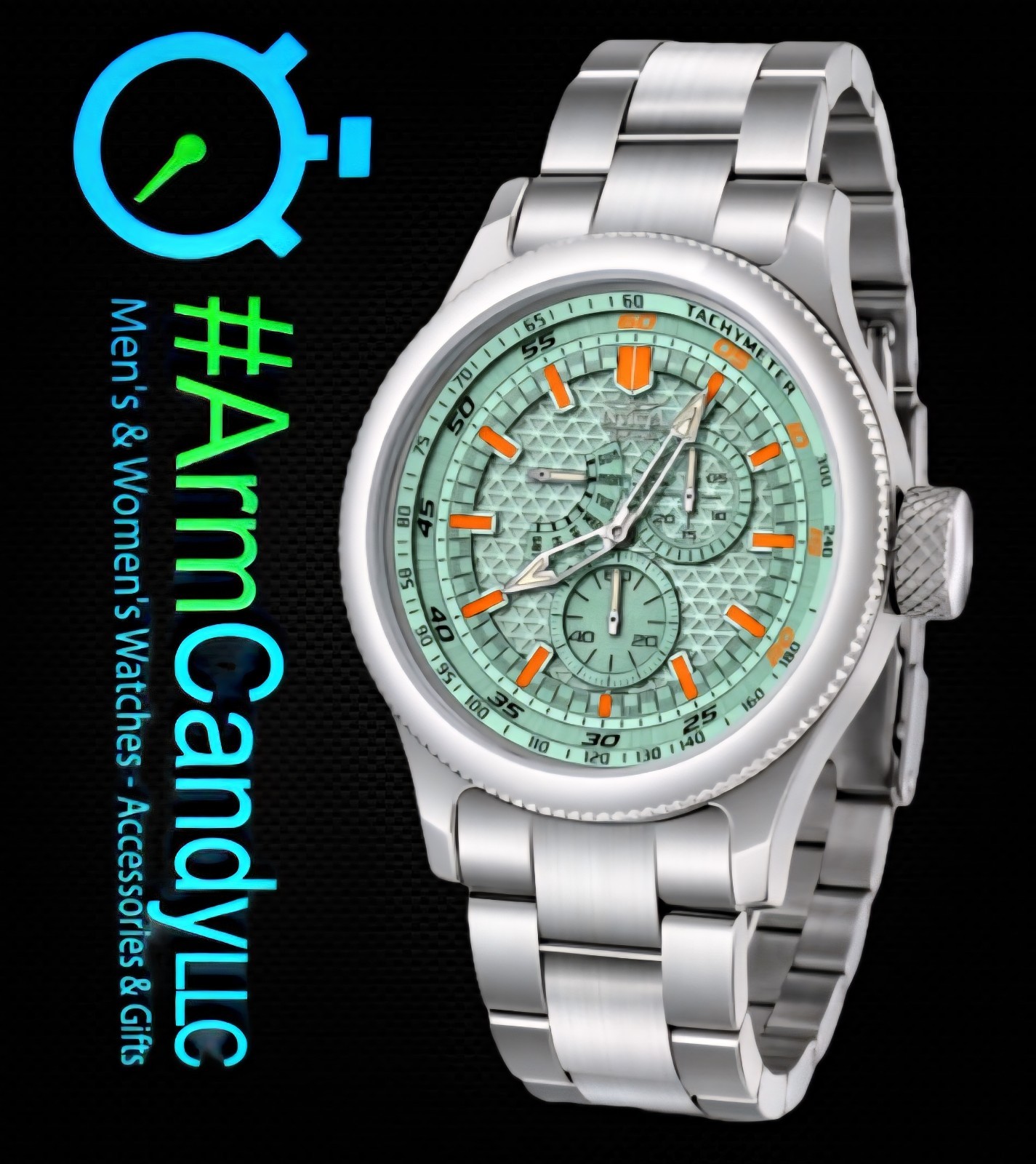 NEW 52mm Invicta Racing Mint Green Dial w/ Orange Accents Silver Case & Bracelet