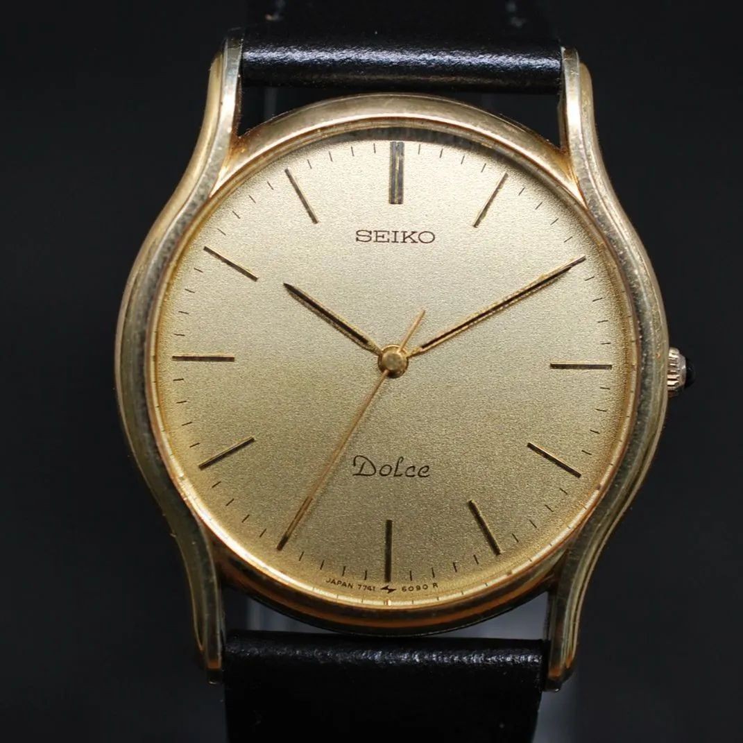 New Battery Vintage SEIKO DOLCE Seiko Dolce 7741 6030 Round Gold 3 Hands Leather
