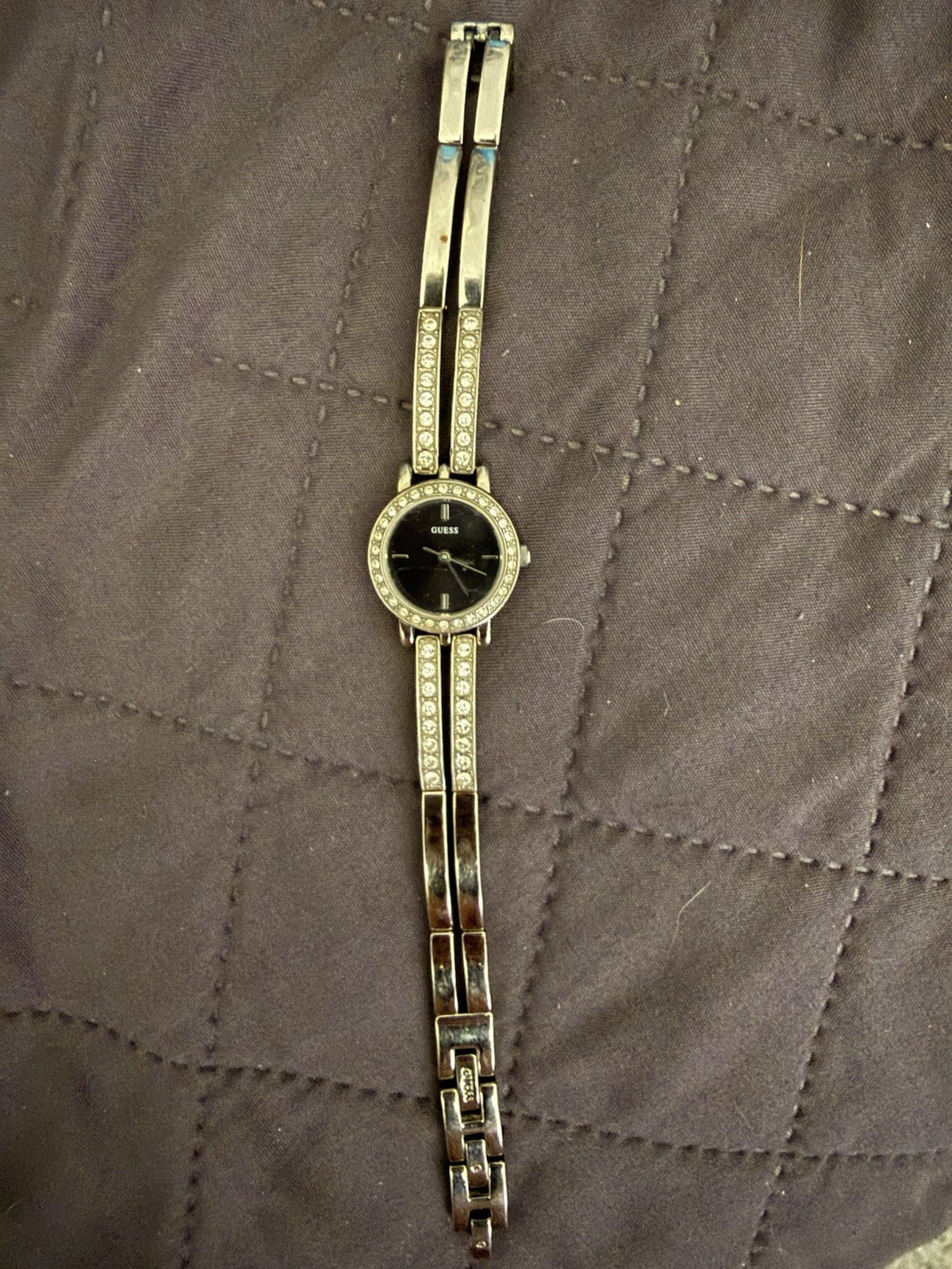 Guess G75823L Silver Tone Bangle Watch Black Dial Crystal Accent