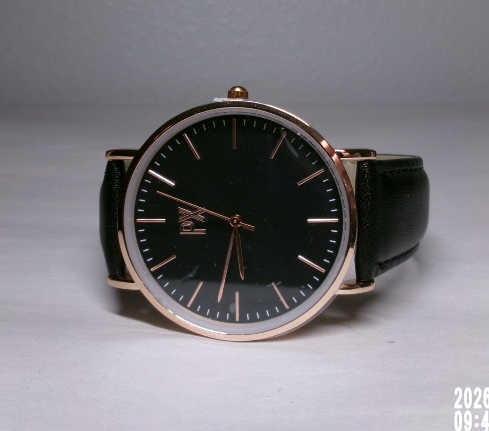 PX MENS TWO TONE ROSE GOLD/BLACK FACE WATCH WITH BLACK LEATHER BAND 6.5-8″ FIT