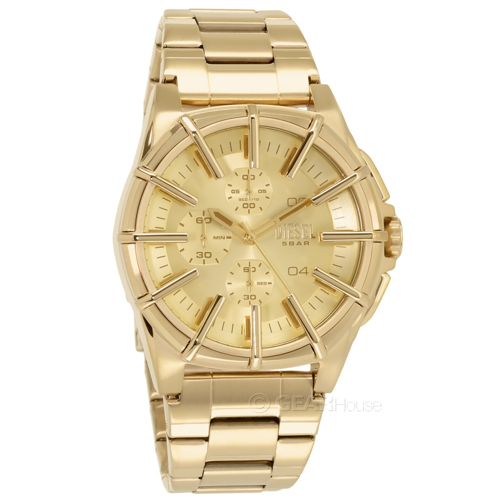 DIESEL Framed Mens 44mm Chronograph Watch, Gold Dial, Stainless Steel Band