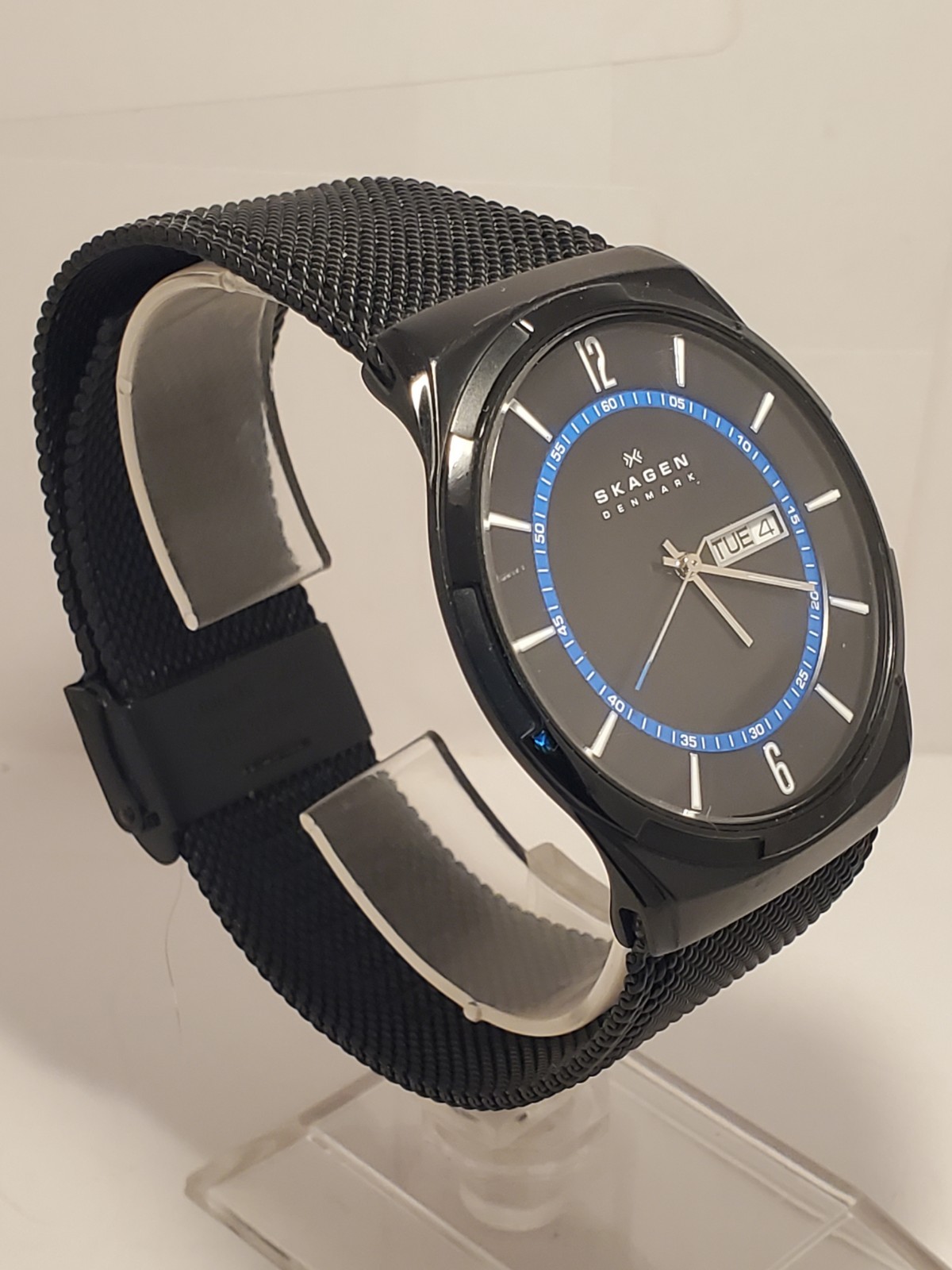 Skagen Denmark SKW6091 Men’s Titanium Day Date Black Blue Mesh Quartz Watch