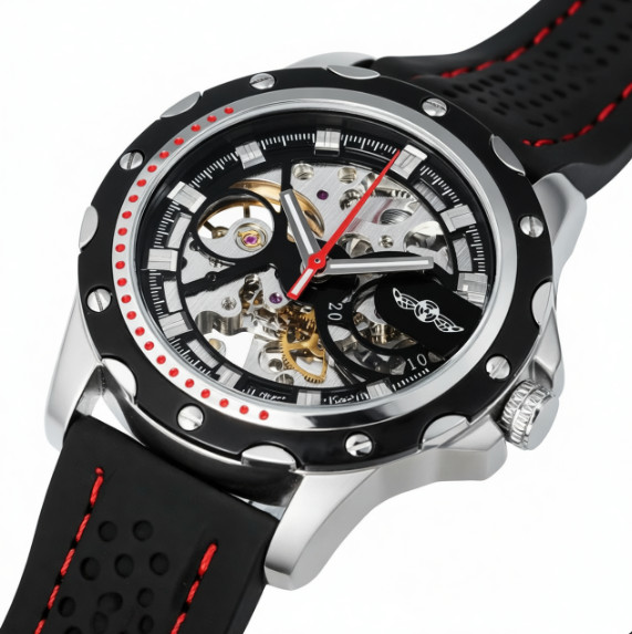 Automatic Skeleton Watch Men Mechanical Self Wind Black Rubber Strap WINNER