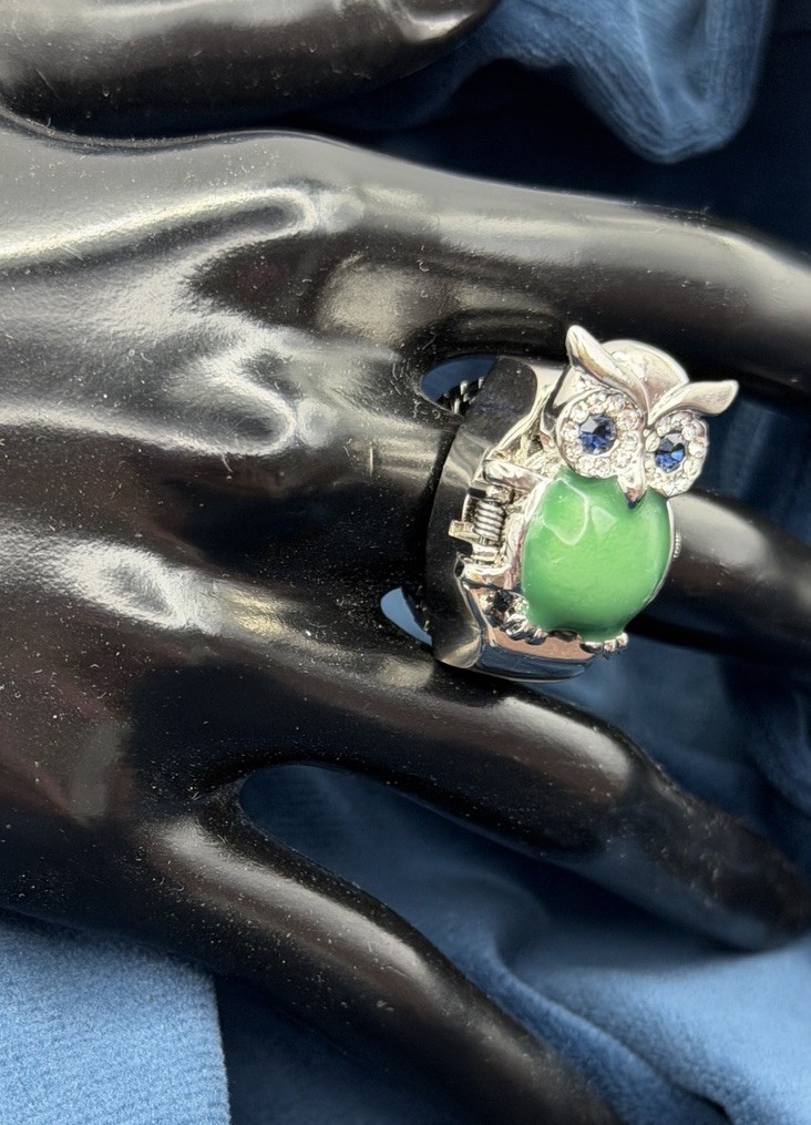 Strada Owl Ring Watch Adjustable Hidden Face Green Stone Rhinestones Silver Tone