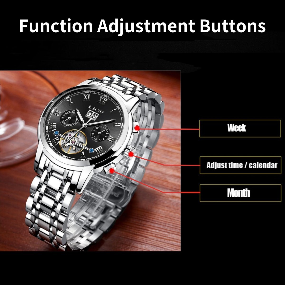 Men Watch Automatic Mechanical Date Week Month Luminous Multifunction Wristwatch