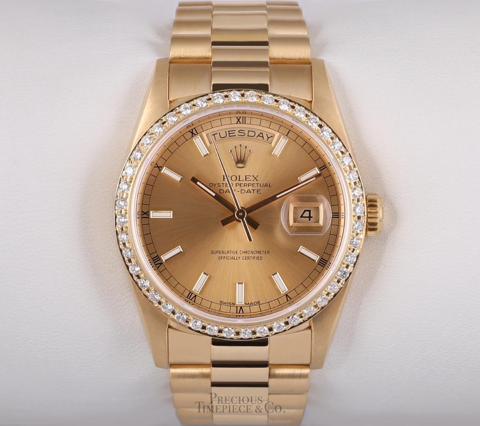 Rolex Day-Date 36mm 18038 18K Yellow Gold Diamond Bezel Champagne Stick Dial
