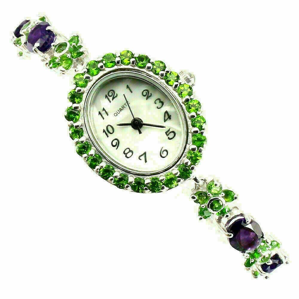Silver Watch Chrome Diopside Amethyst Natural Gem Solid Sterling 7 3/4 Inch