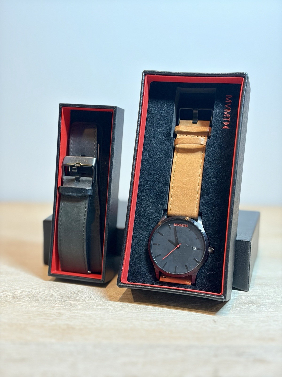 MVMT 45mm Black and Tan Leather Watch + Extra Band Combo
