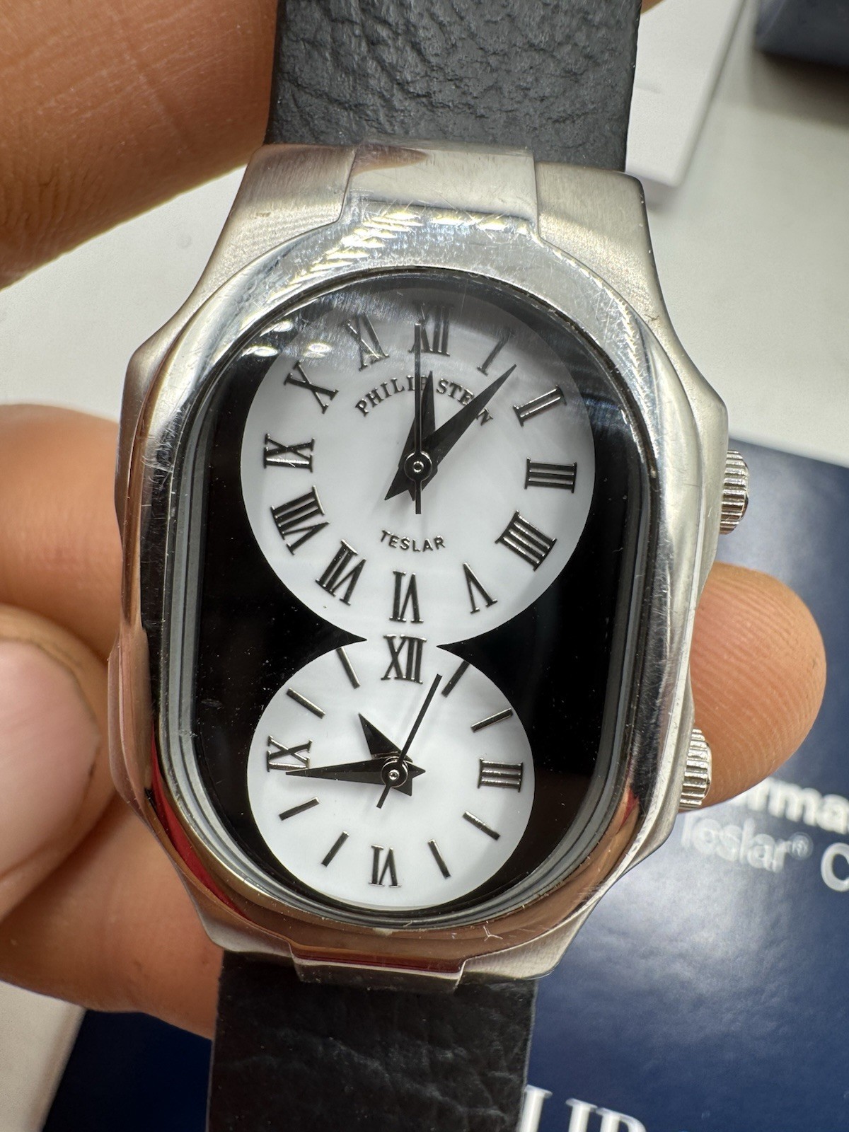 Philip Stein watch teslar dual time leather band New Batteries