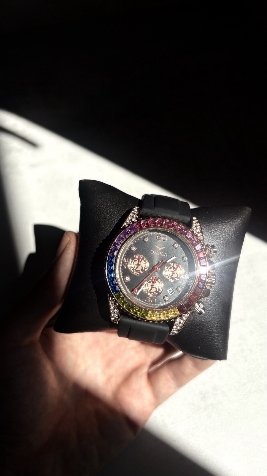 ONOLA Men’s Silicone Chronograph Multifunction Quartz Watch Rainbow Bezel