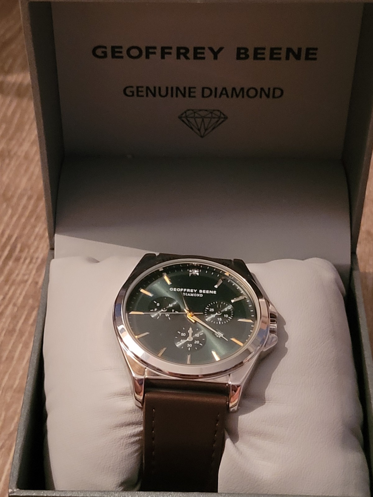 New Geoffrey Beene Mens Watch with Genuine Diamond Accent Leather Strap Quartz