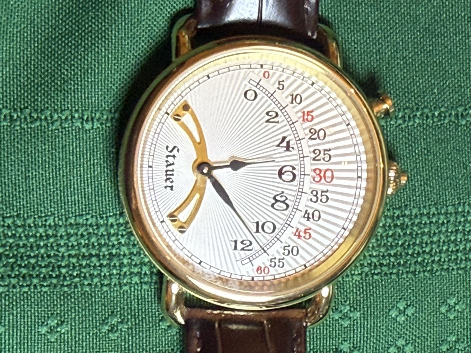 44mm 1920s RETROGRADE White Sunburst Dial | Goldtn Case| Brown Band STAUER Watch