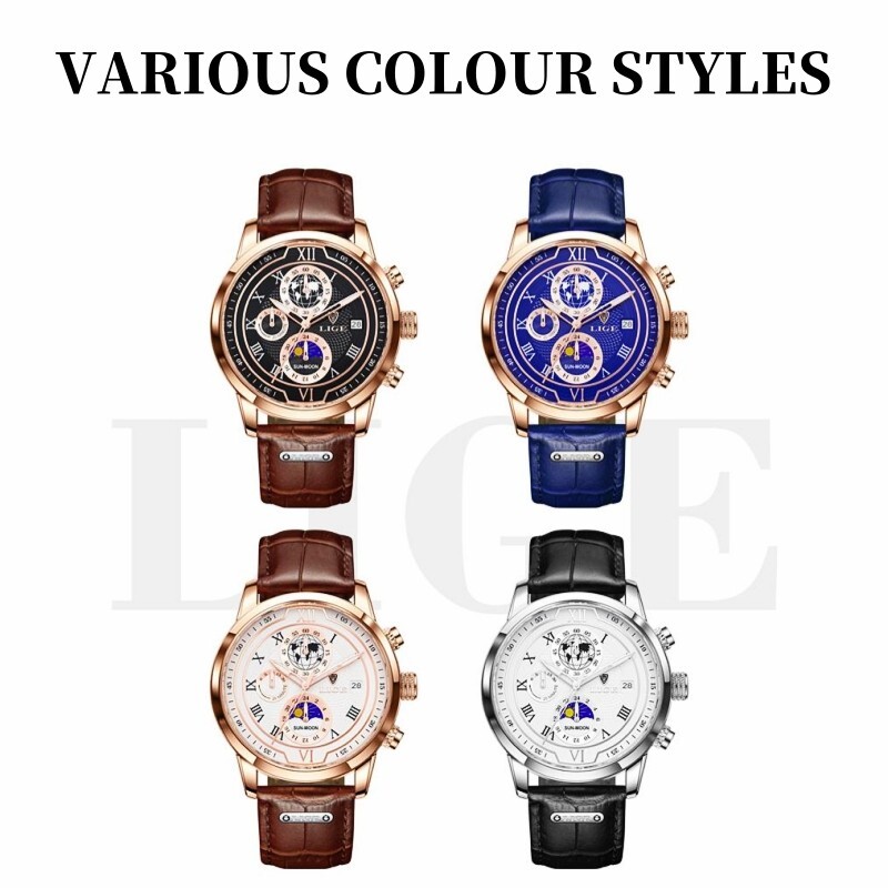 LIGE Men’s Watch Quartz Moon Phase Chronograph Date Waterproof Male Wristwatch