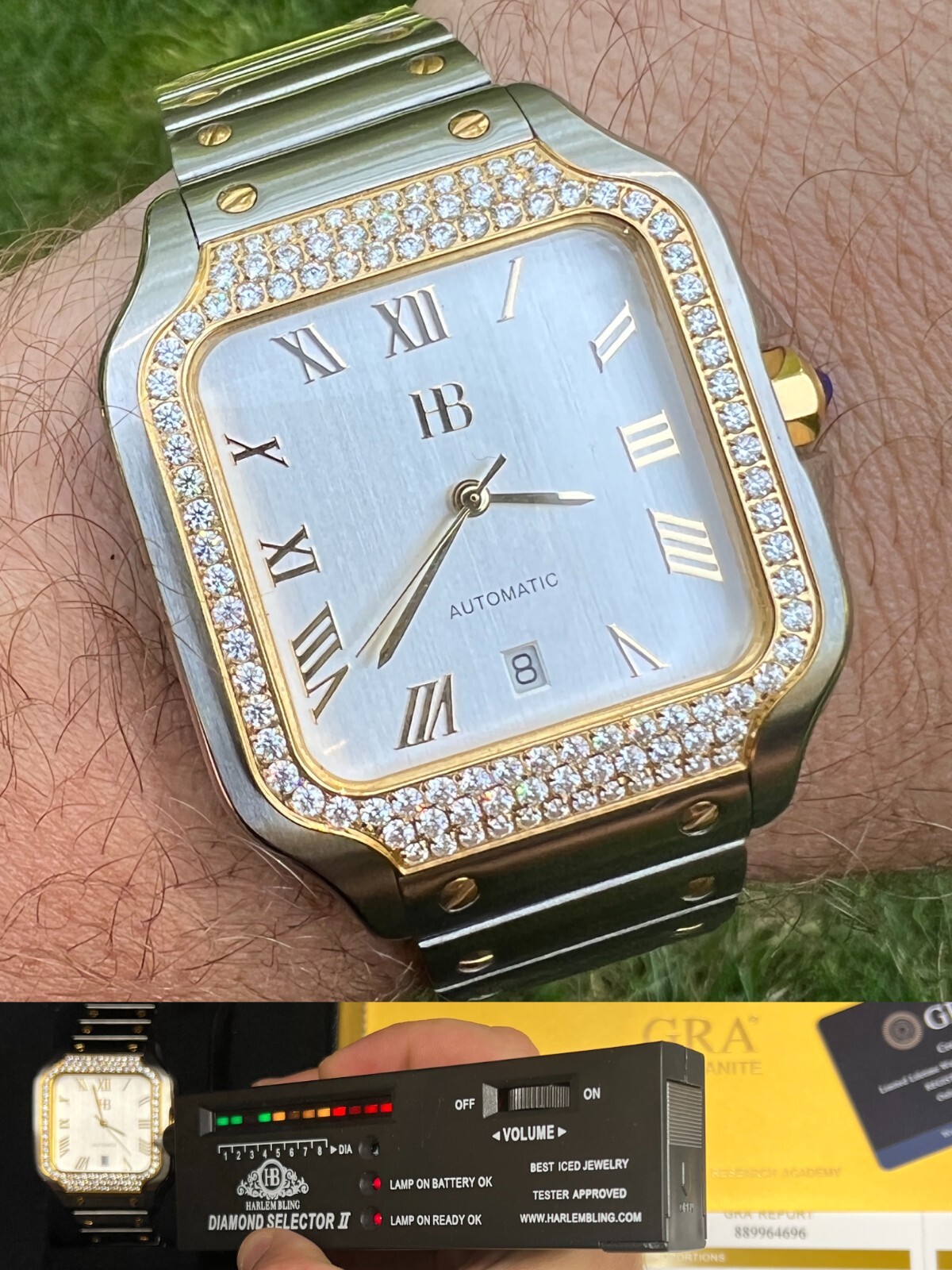 Real Mens 2.5ct MOISSANITE Watch Two Tone Gold Plated Automatic White Pearl Face