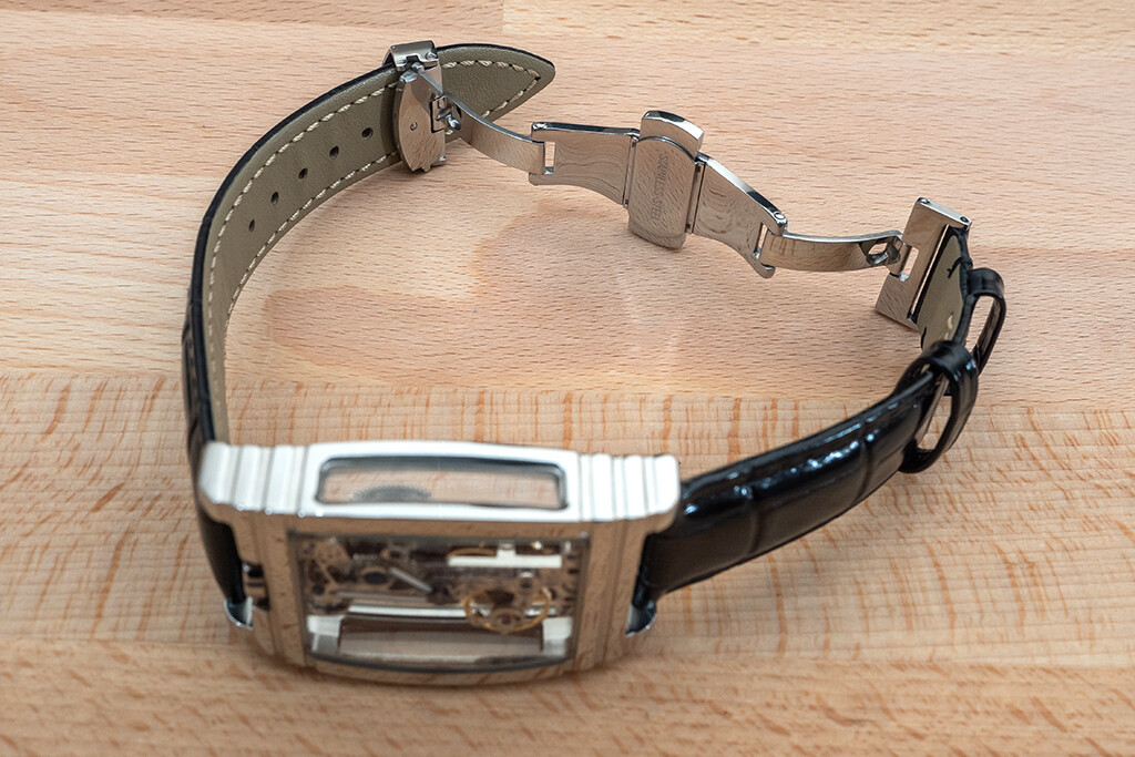 Mens Silver Skeleton Bridge Manual Mechanical Watch – Black Leather Strap