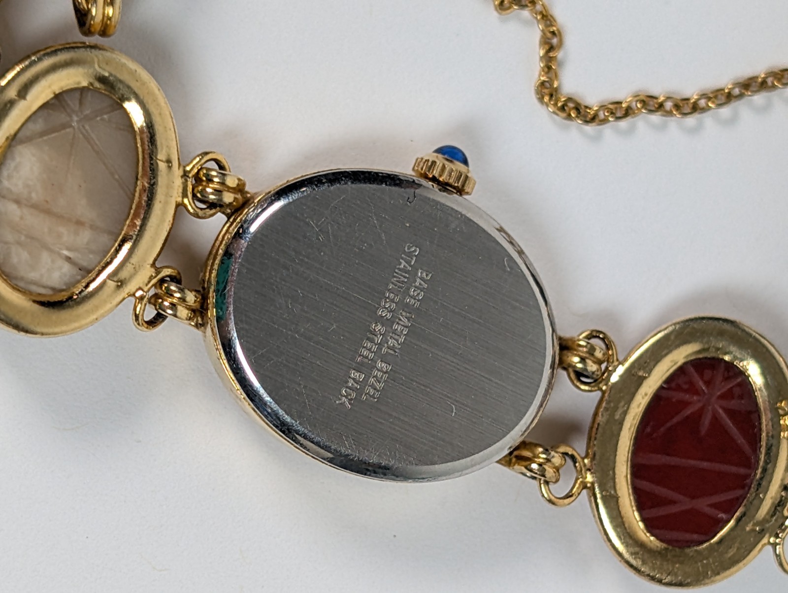 Rare Vtg Gold Tone Scarab Watch Carved Multi-Tone Stone Band NEW BATTERY