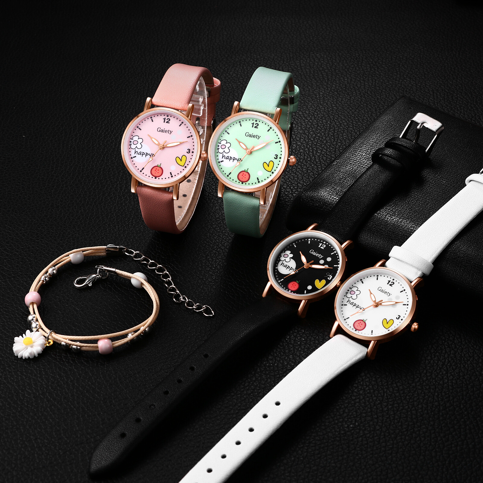 2Pcs Teen Girls Cartoon Sports Leather Quartz Wristwatch Daisy Bracelet Set Gift