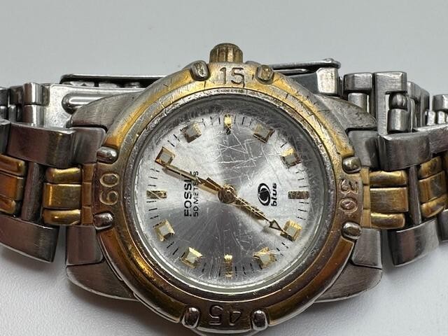 Vintage Ladies Fossil Blue AM-3095 Two Tone Quartz Watch New Battery