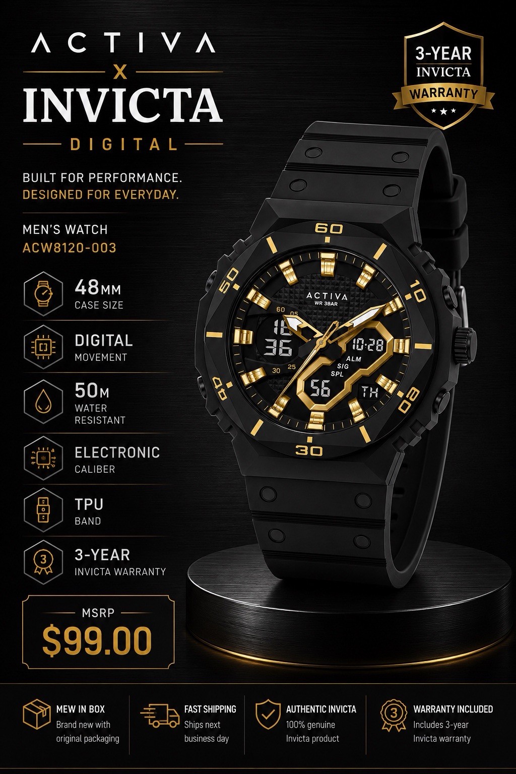 Activa Exon X Invicta Digital Men’s Watch – 48mm. Black (ACW8120-003) Brand New