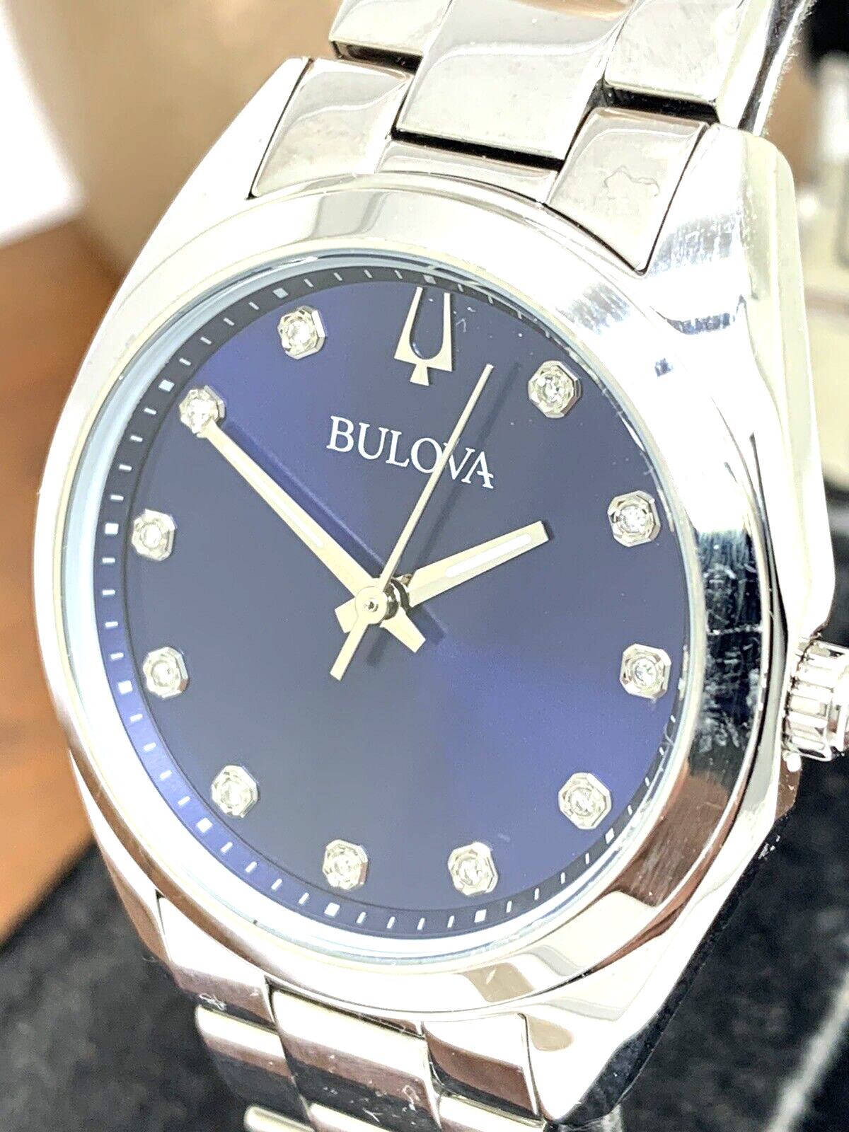 Bulova Women’s Watch 96P229 Surveyor Quartz Blue Dial Diamond Marks Silver 31mm