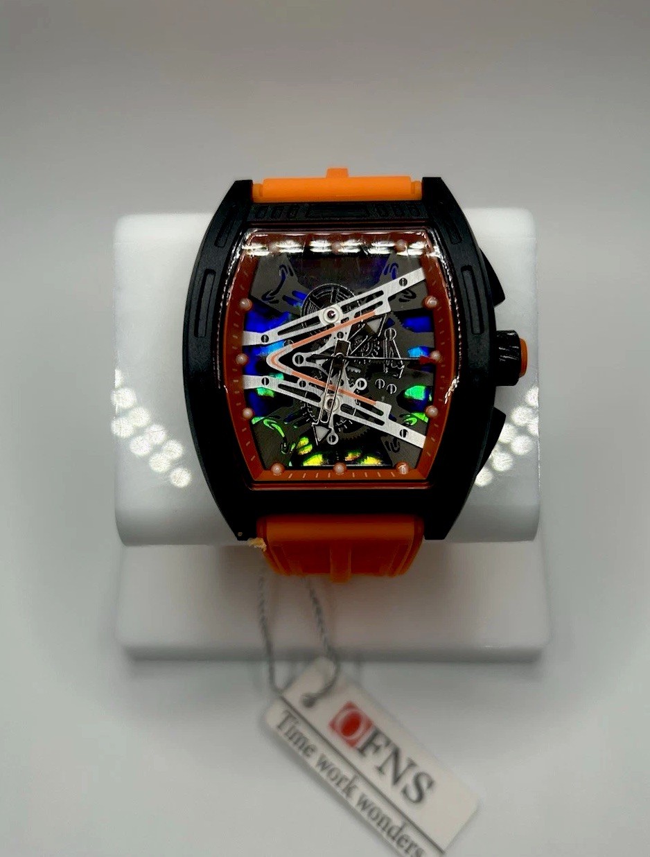 OFNS Unisex Skeleton Dial Tonneau Wristwatch Orange Rubber Strap