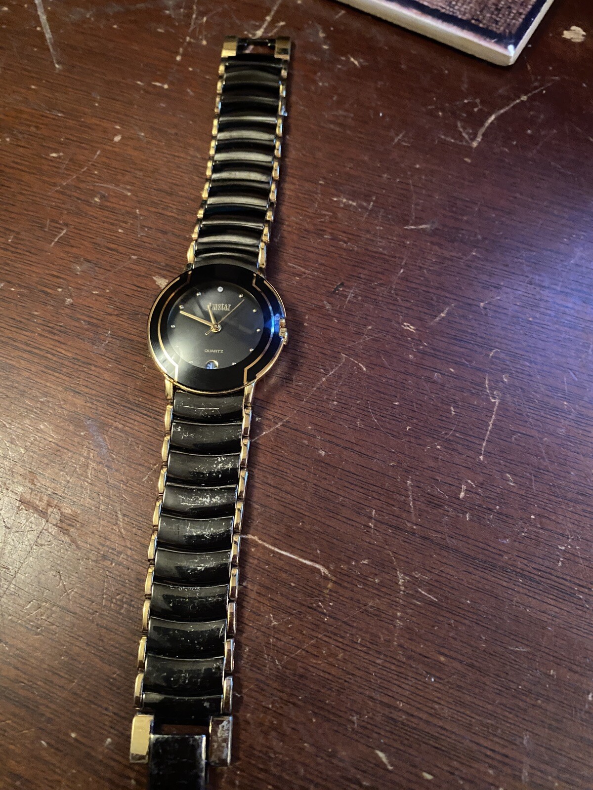 Amstar Black Women Quartz Watch ~ Black & Gold Bracelet Band New Battery