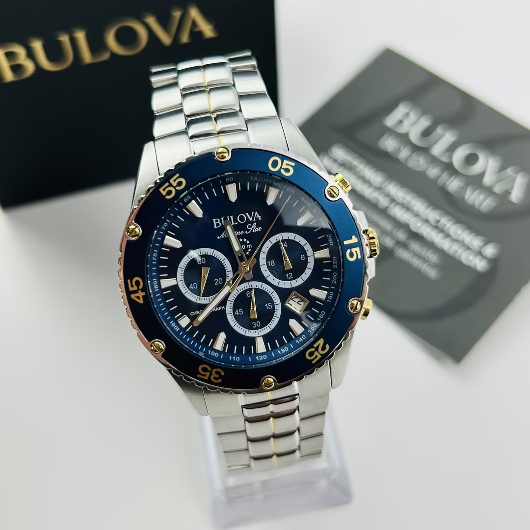 Bulova Men’s Marine Star 98B400 Blue Dial Chronograph Quartz Watch New 41.5 mm