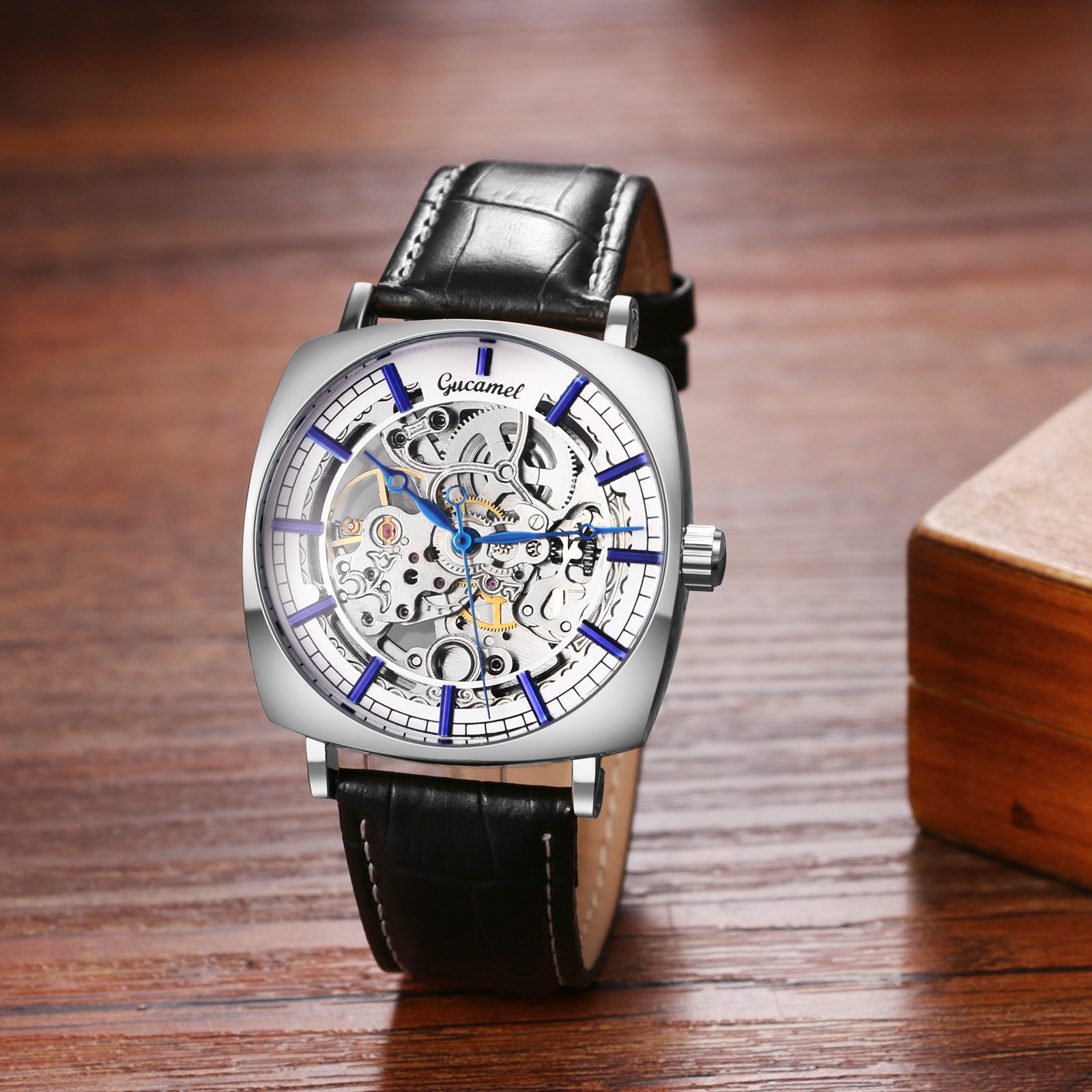Mens Luxury Automatic Mechanical Watch Genuine Leather Square Dial Business Gift