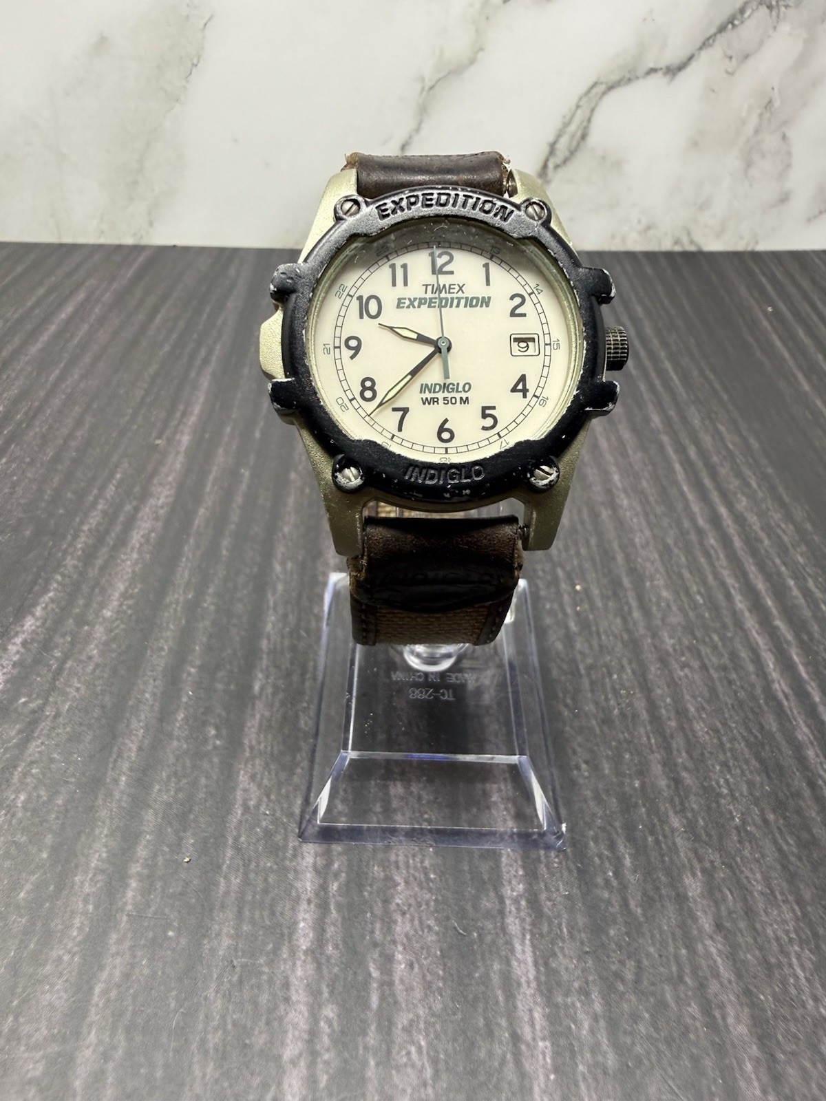 Timex Men Watch Silver Black Plastic Light Date 50m Beige Nylon Brown Quartz