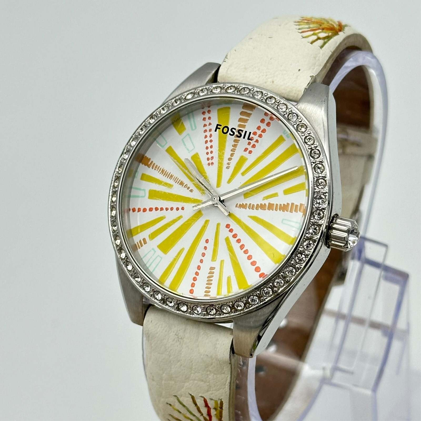 Ladies FOSSIL Starburst Dial, All Stainless Steel Watch, White Leather, ES2573