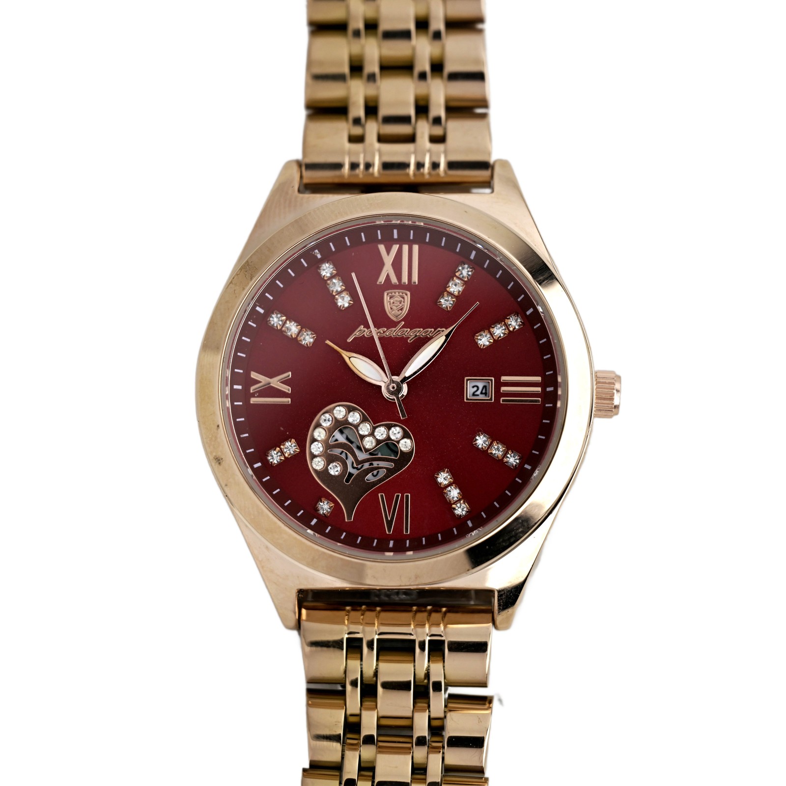 Poedgar Ladies Gold Tone Burgundy Dial Open Heart Crystal Accents Date Bracelet
