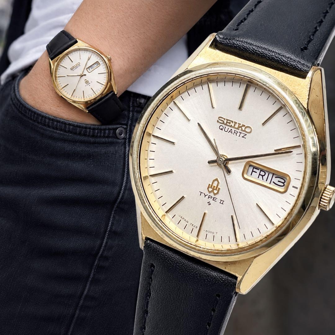 Seiko TYPEⅡ 7546-8000 Men’s Quartz Watch Gold Case Silver Dial New SA720