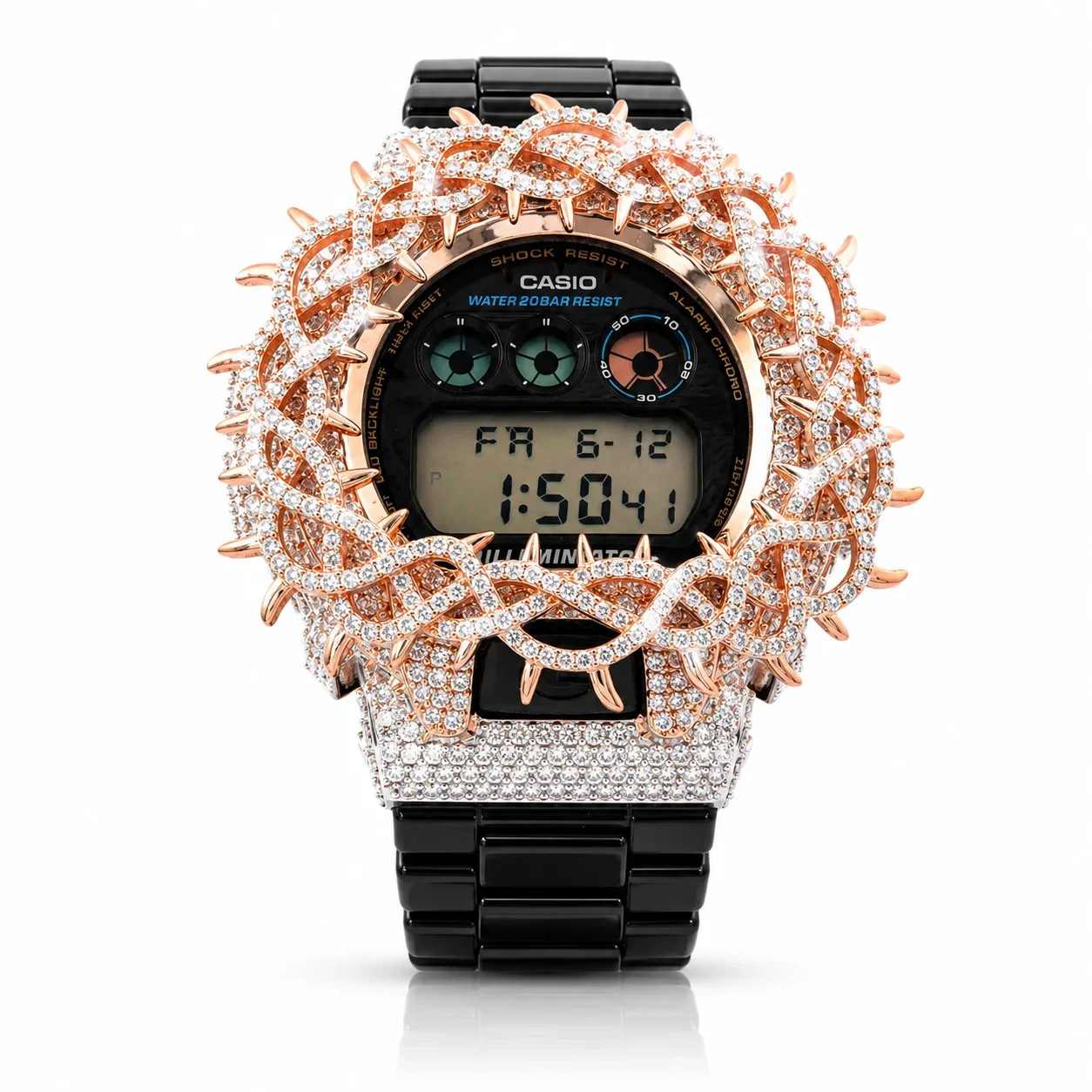 Casio G-Shock DW6900 925 Silver Moissanite 5.50CT Iced Out Watch Rose Tone