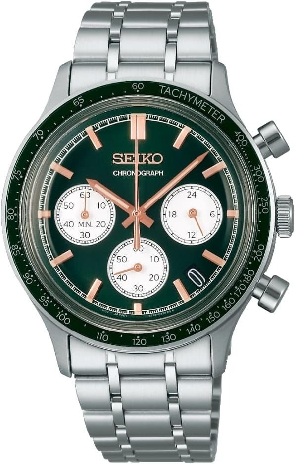 Seiko Mens Chronograph Watch with Green Dial and Silver Bracelet SSB481P1