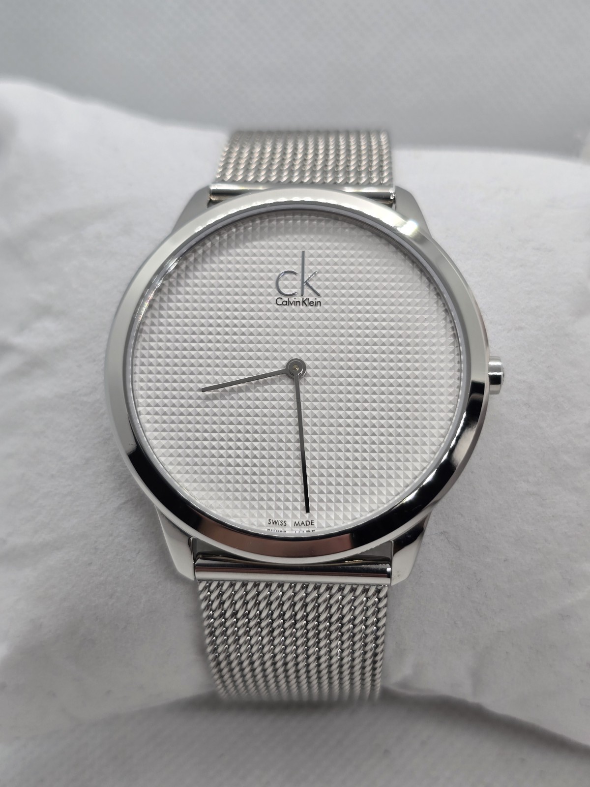Calvin Klein 40mm Men’s Watch White Textured Dial Silver Tone Mesh Band K3M211