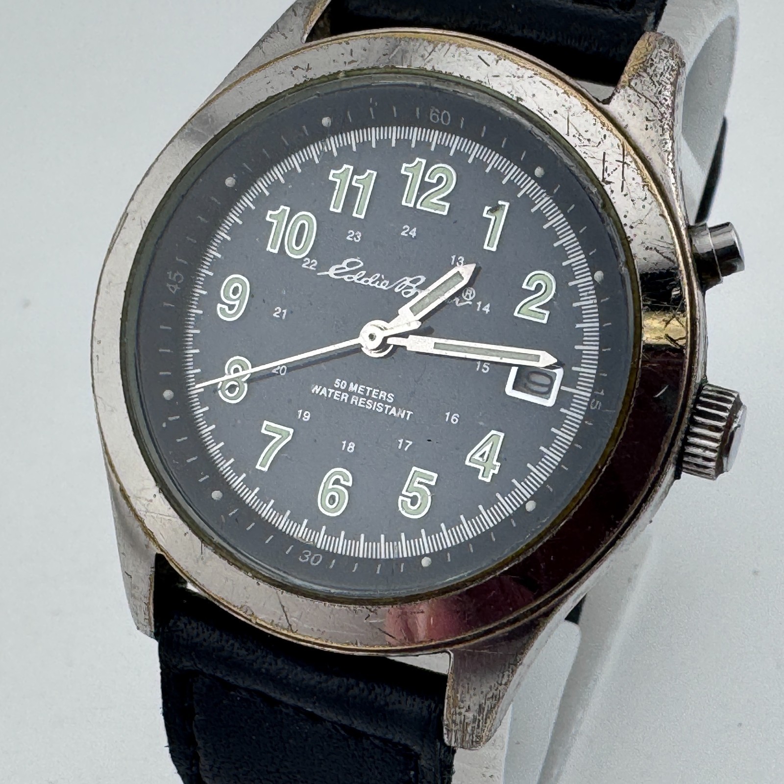 Eddie Bauer Quartz Watch Men 50m Silver Steel Backlight Military Dial New Batter