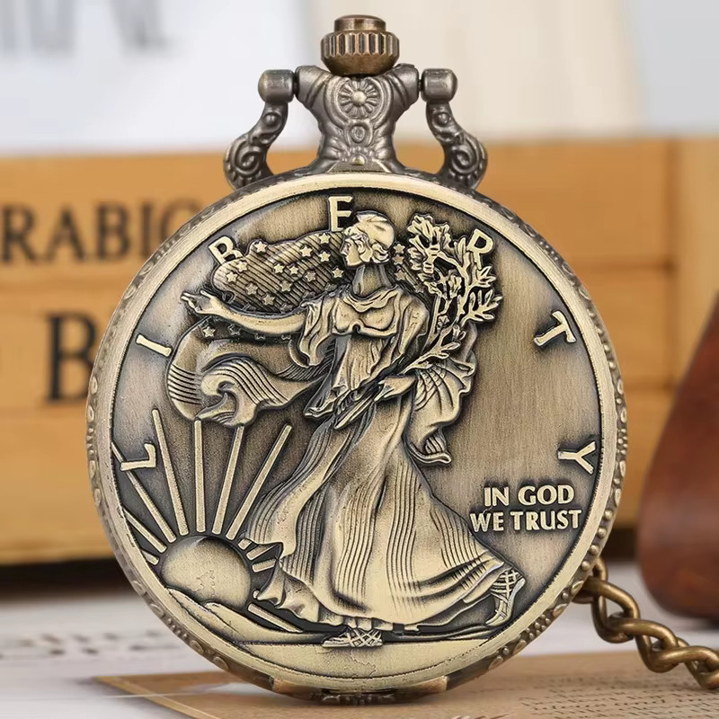 Lady Liberty Pocket Watch – Double Sided Face – US Eagle Design