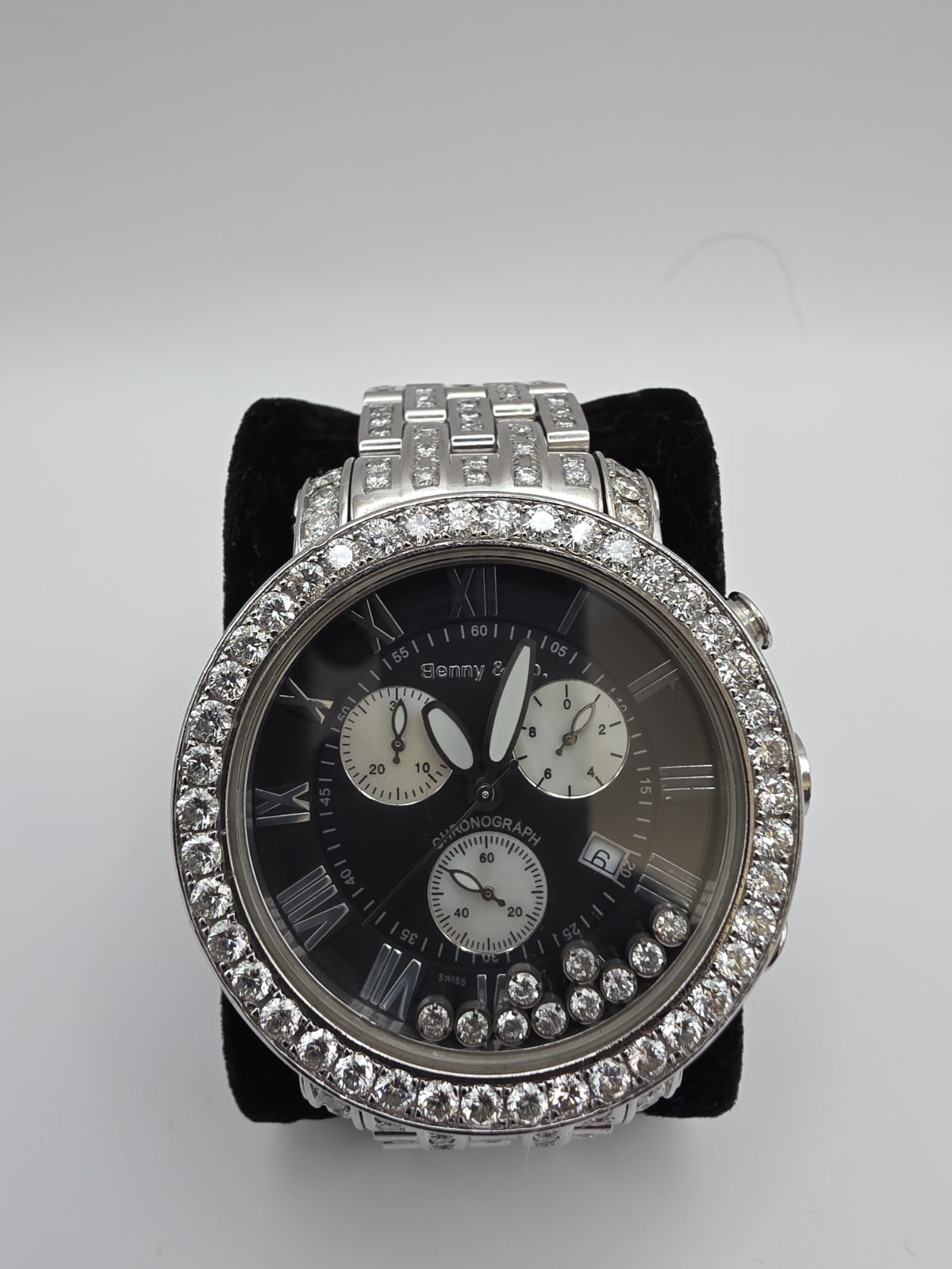 Beny & Co. Floating Diamonds Chronograph Quartz Watch Iced Out Diamond Bracelet