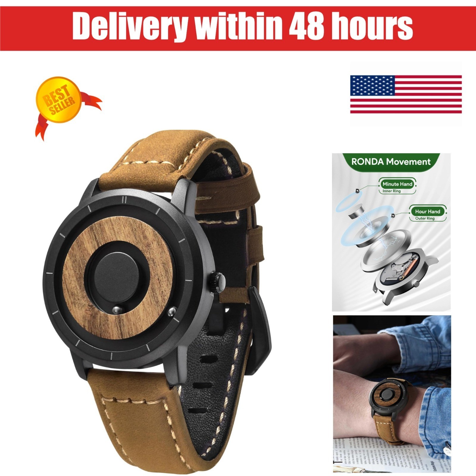EUTOUR 40mm Wooden Analog Quartz Watch 3ATM Waterproof for Men