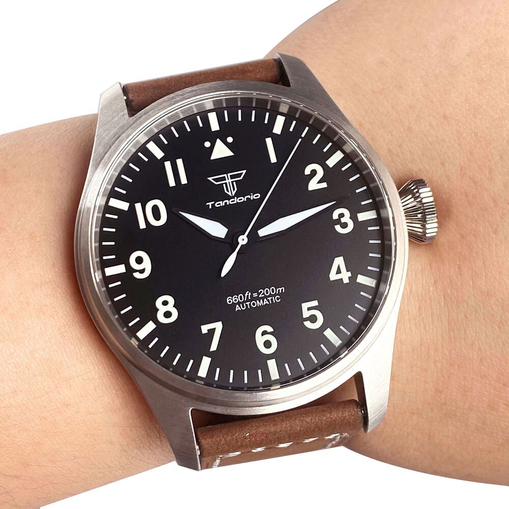 Tandorio New 43mm Pilot Series Black Simple Sapphire 20ATM NH35 PT5000 Men Watch