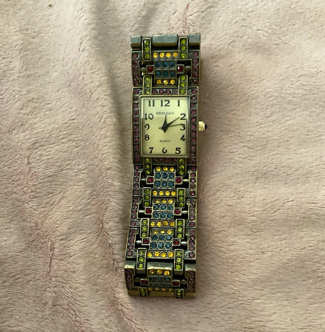 Heidi Daus Women Quartz Wristwatch Rectangle Silver Dial Gold Bracelet Crystal