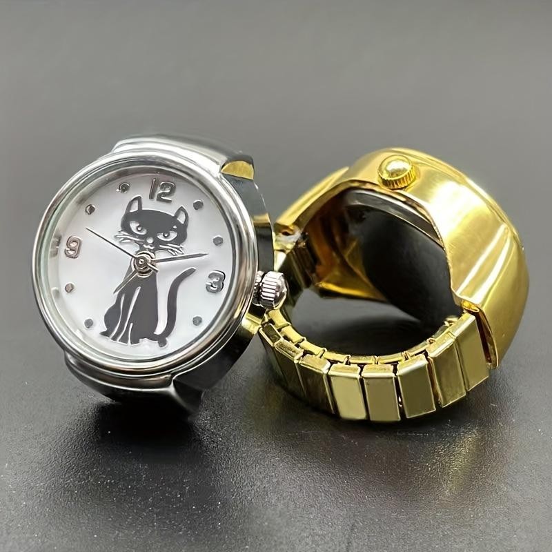 1PC Stylish Kitten Round Pointer Quartz Ring Watch Gold Silver Trend