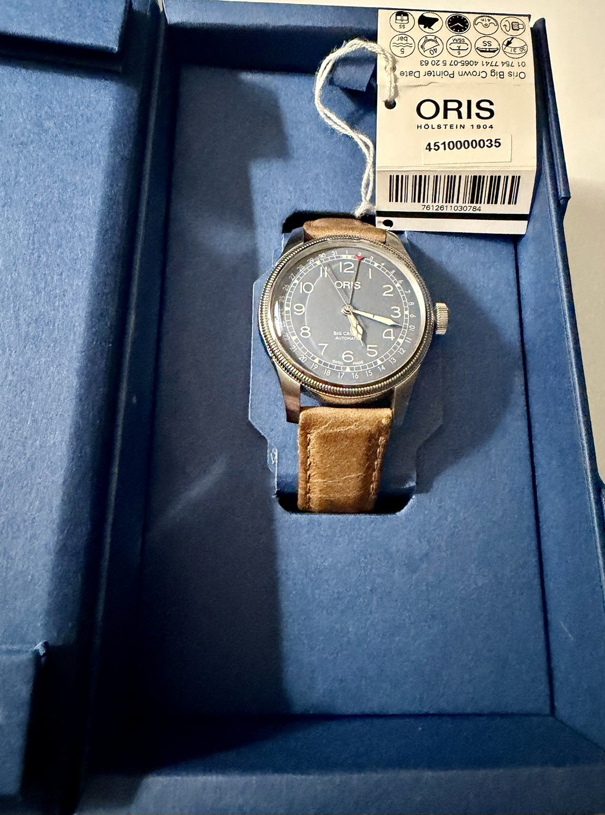 Oris Big Crown Pointer Date Auto Blue Dial Brown Leather Strap 40mm Box/Pprs